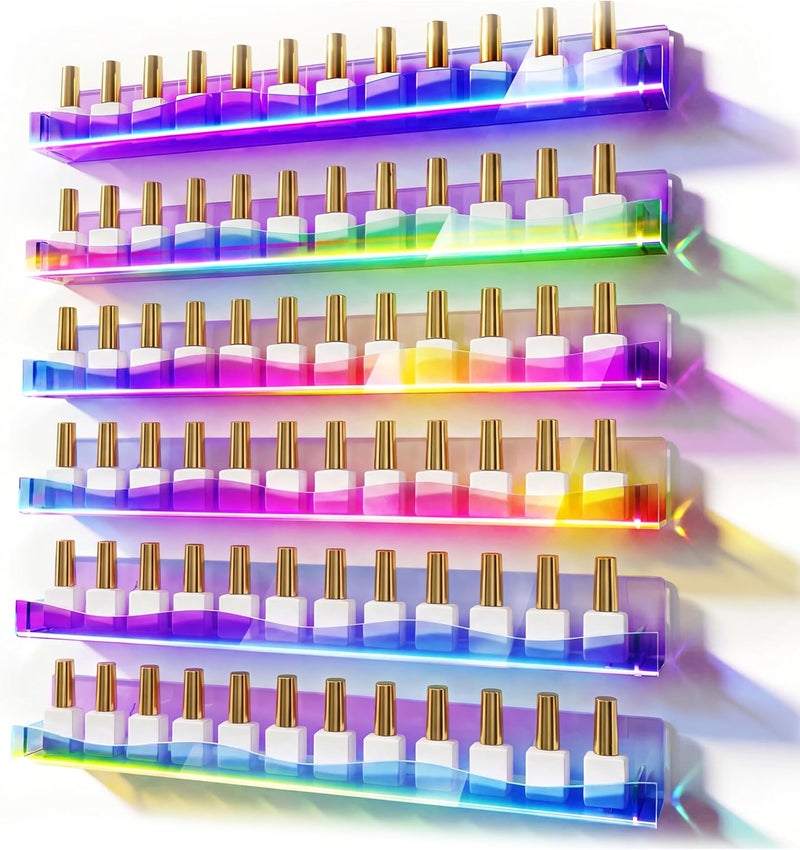 YMVV 15" Nail Polish Rack Wall Mounted Shelf,6 Pack Clear Rainbow Iridescent Acrylic Organizer Nail Supplies for Nail Techs,Great Display for Salons Retailers - Image 1